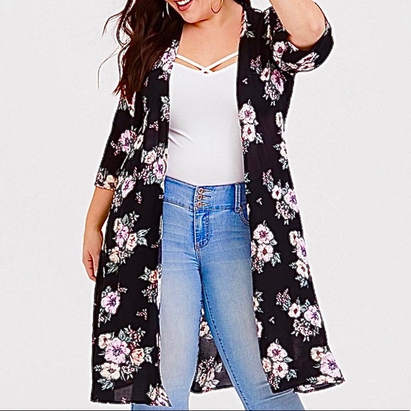torrid Tops - Torrid Duster Black and Pink Floral, Rayon 1X 2X